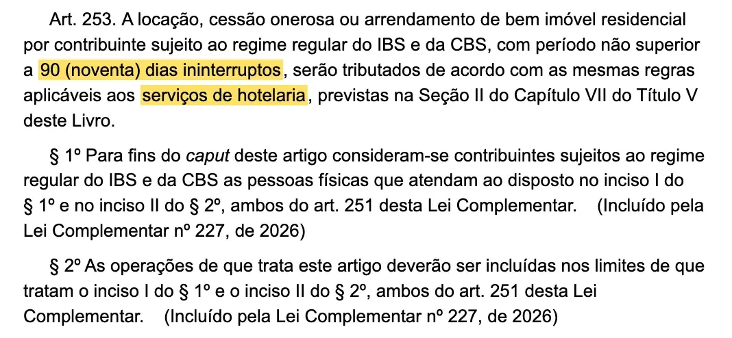 Artigo 253 da LC 214/2025, sobre locação de até 90 dias
