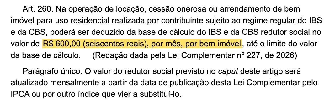 Artigo 260 da LC 214/2025, com o redutor social